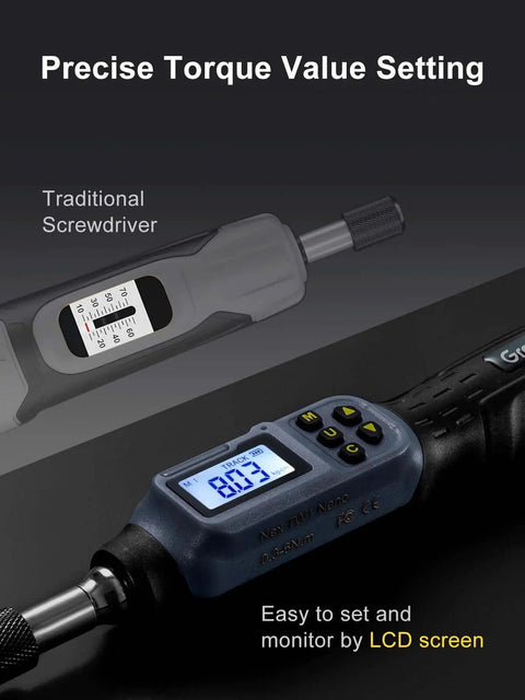 Digital Torque Screwdriver, 2.66-53.1 In-lbs/0.3-6 Nm, 1/4'' Drive with LED display showing precise torque setting
