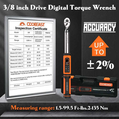 Digital Torque Wrench 3/8 Drive Electronic Torque Wrench with Preset Value(1.5-99.5 Ft-lbs./2-135Nm), inspection certificate, accuracy chart.