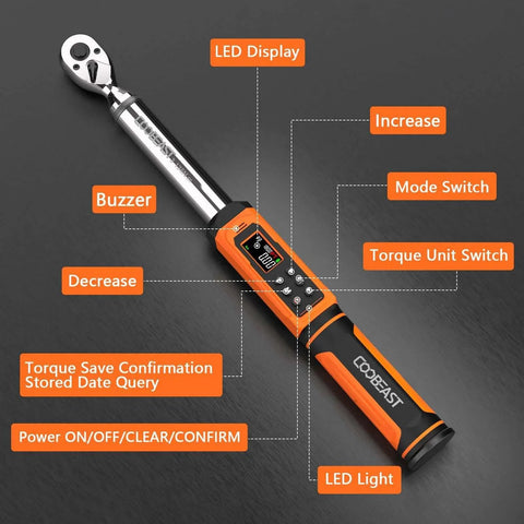 Digital Torque Wrench, 3/8 Drive Electronic Torque Wrench with Preset Value, features labeled, buzzer, LED display shown.