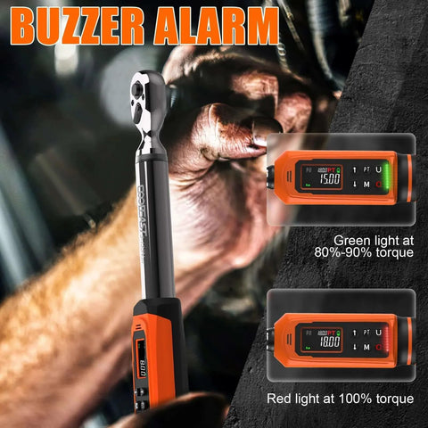 Hand using Digital Torque Wrench, 3/8 Drive Electronic Torque Wrench with Preset Value, showing LED indicators and buzzer function