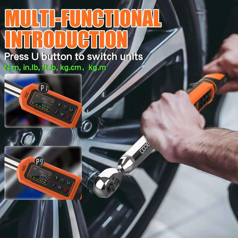Digital Torque Wrench, 3/8 Drive Electronic Torque Wrench with Preset Value being used on a car wheel