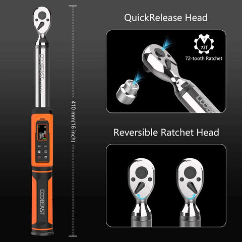 Digital Torque Wrench, 3/8 Drive Electronic Torque Wrench with Preset Value, showing reversible ratchet head and LED display