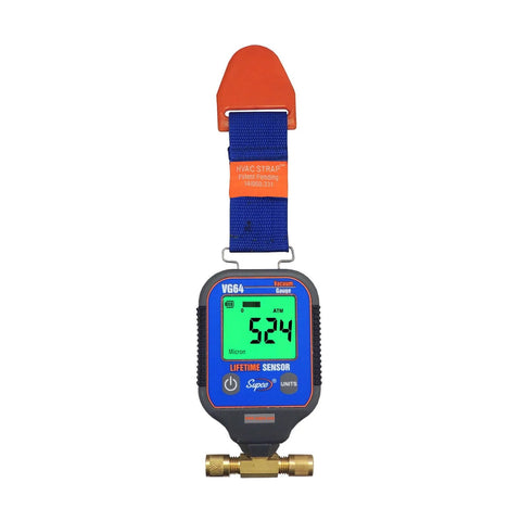 Supco VG64 digital vacuum gauge handheld with blue housing and orange strap, 0 to 12,000 µ (0–1,600 Pa) range