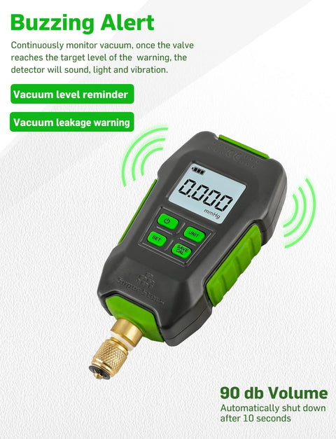 Wisscool Digital Micron Vacuum Gauge, 1/4 in SAE handheld HVAC pressure tester with LCD display and green accents