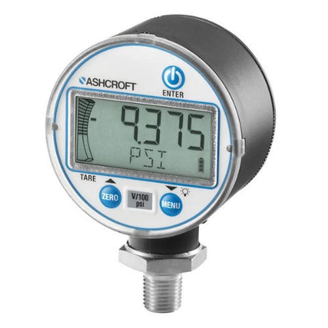 Ashcroft 6833401 digital vacuum gauge with backlight, 0-30 Hg, front view with blue bezel and threaded port