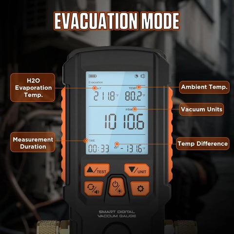 Handheld Digital Vacuum Gauge Pro with orange trim, screen shows evacuation mode, ambient temperature, and vacuum units