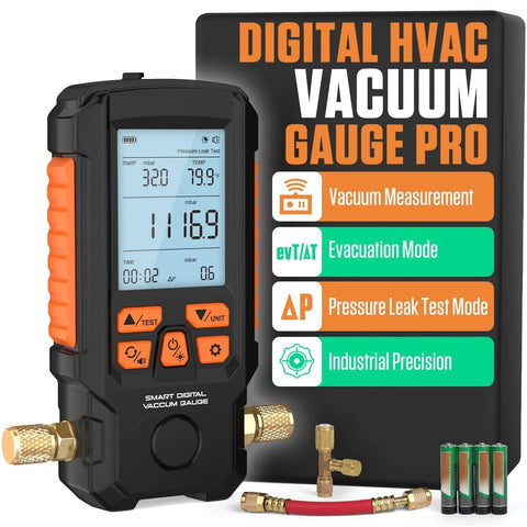 Digital Vacuum Gauge Pro handheld HVAC vacuum meter with orange grip and LCD display, 7/16-20UNF fittings