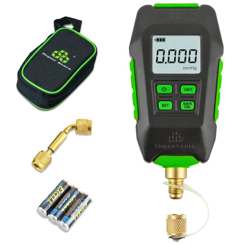 Digital micron vacuum gauge with 0.000 mmHg LCD, green accents, 1/4 in SAE fitting, brass connector, and black-green carrying case.