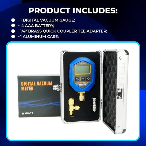Hiatsu VMH-75 digital vacuum gauge in aluminum case; blue gauge with brass fittings, foam-lined interior