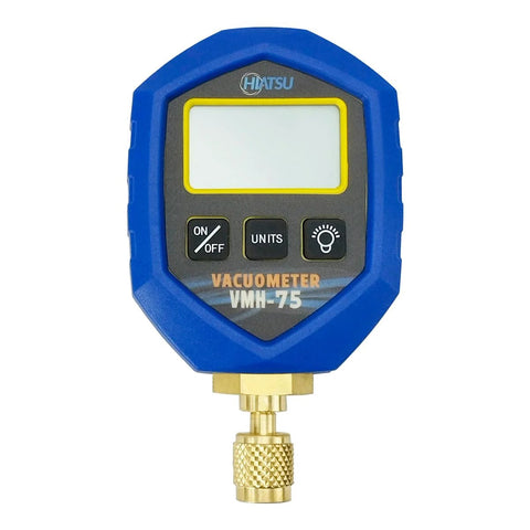 Hiatsu VMH-75 digital vacuum gauge with blue aluminum case, handheld display, brass connector