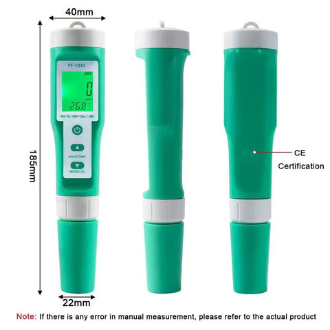 Hydrogen Water Tester 10 In 1 Digital Water Meter showing front and side view with dimensions, green body, LCD screen