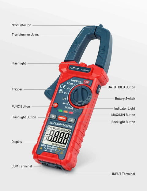 Digital Clamp Meter Multimeter 2000 Counts Amp Voltage Tester Auto-ranging with AC/DC Voltage, AC Current, Resistance labeled diagram