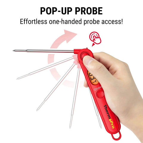 Hand holding Digital Meat Thermometer for Cooking, Instant Read Thermometer with Backlight, showing pop-up probe feature.