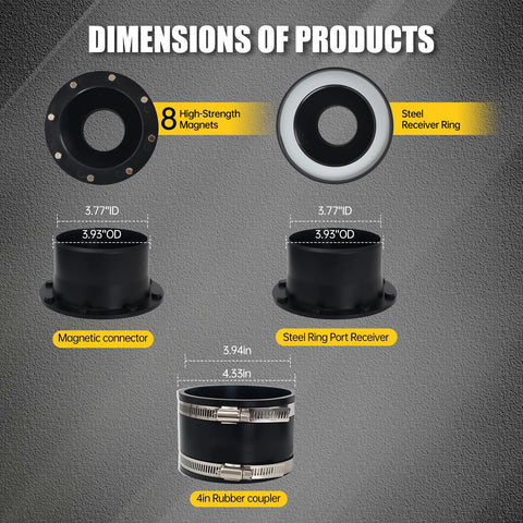 Magnetic dust collection fittings kit: 4in rubber coupler with clamps, magnetic connector, steel ring port receivers.