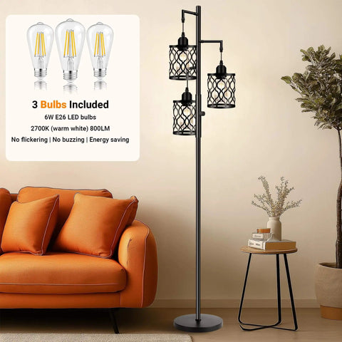 Three 6W LED Bulbs Dimmable Farmhouse Floor Lamp With Industrial Rustic Style Standing Light For Living Room Bedroom Or Office 68 Inches Tall Stepless Dimming Rotary Switch displayed in a living room with orange sofa and side table.