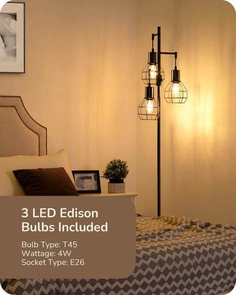 Bedroom scene featuring the Dimmable Farmhouse Floor Lamp with Industrial Style Standing Light, three LED Edison bulbs glowing softly.