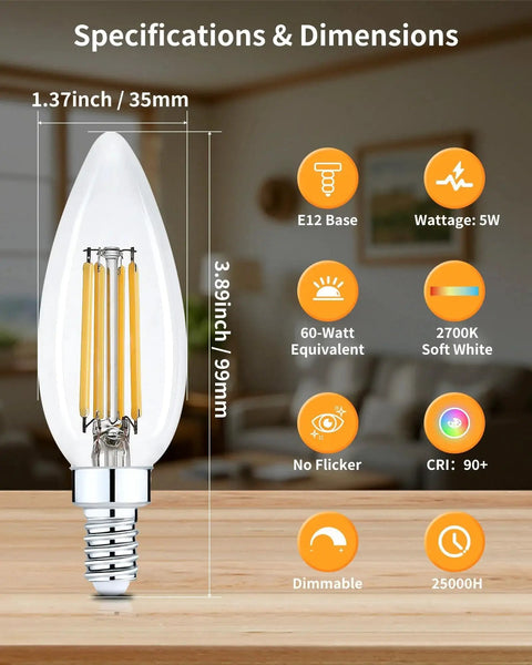 Dimmable LED E12 Candelabra Bulbs For Chandeliers That Replaces 60W Incandescent, 2700K Soft White, 90 Plus CRI, specifications image