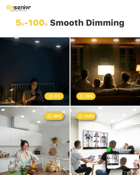 Image of 24 Pack 6 Inch LED Recessed Downlights, Dimmable 2700K to 5000K 5CCT, 1200 Lumens, 12W, 120V, High Brightness Canless Wafer Ceiling Lights in different dimming settings in various rooms.
