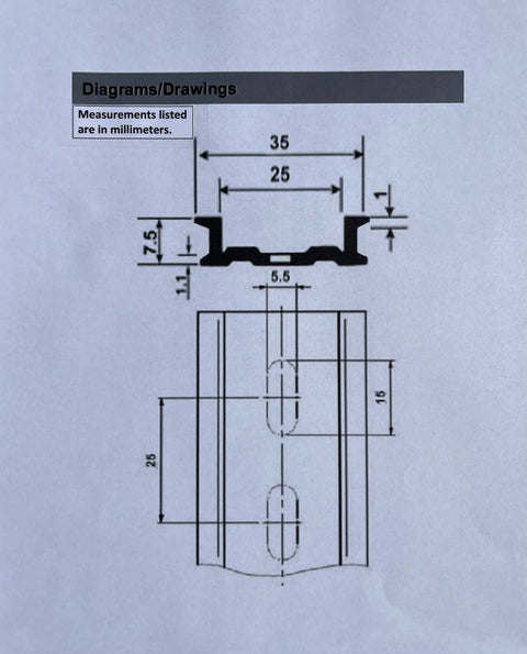 Technical drawing of a DIN rail slotted aluminum connector, showing dimensions. Effortlessly link modules on standard DIN rails with this 12 inch slotted aluminum connector kit, a 2-piece RoHS compliant set for control panels and enclosures, delivering secure connections with simple installation and reliable performance.