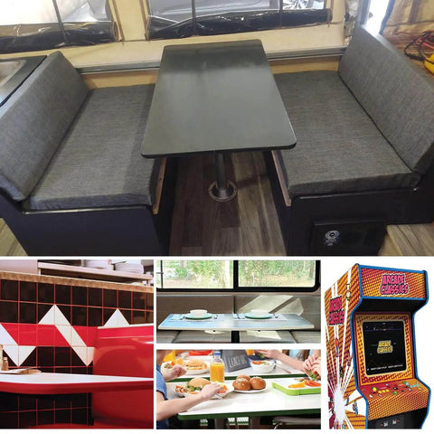 Collage showing uses of 25 Ft White 3/4 Inch Plastic Center Barb T Molding Edge Banding in cabinets, tables, and an arcade machine