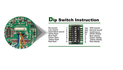 Circuit board and dip switch setup for Two-Stack LED Andon Tower Signal Light With Buzzer For Industrial Lines shown with settings guide.