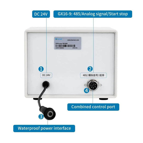 Back view of 4 rotors 0-300ml/min high flow peristaltic pump showing control ports and power interface