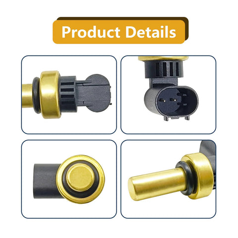 SYudwen coolant temperature sensor, brass probe and black connector; front, side, close-up views; 1 pc.