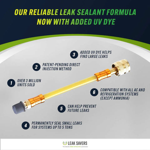 Leak Saver Direct Inject UV dye refrigerant leak sealer tool with yellow tubing and brass fittings for AC, refrigeration