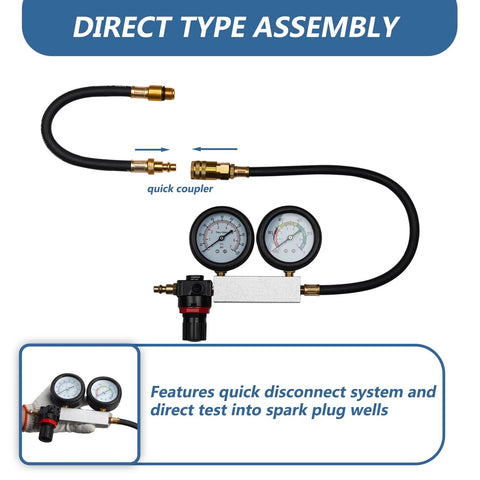 Automotive Bicos cylinder leak-down tester kit with dual gauges, quick-coupler fittings and hoses (Amazon)