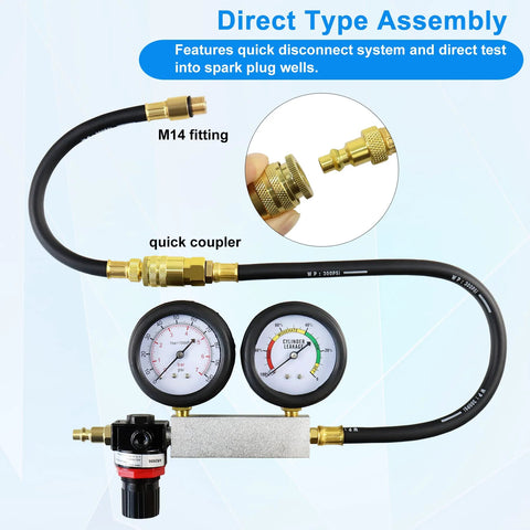 JoyFans cylinder leak-down tester kit with dual gauges, brass quick coupler, M14 fitting for gasoline engines