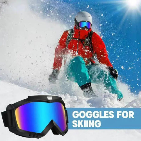 Skier in red jacket wearing goggles with black frame, showcasing 2 Pack Dirt Bike Goggles For Motorcycle ATV Riding Ski Racing Windproof Glasses.