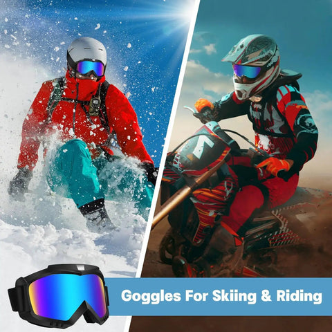 2 Pack Dirt Bike Goggles For Motorcycle ATV Riding Ski Racing Windproof Glasses with skier and rider in action