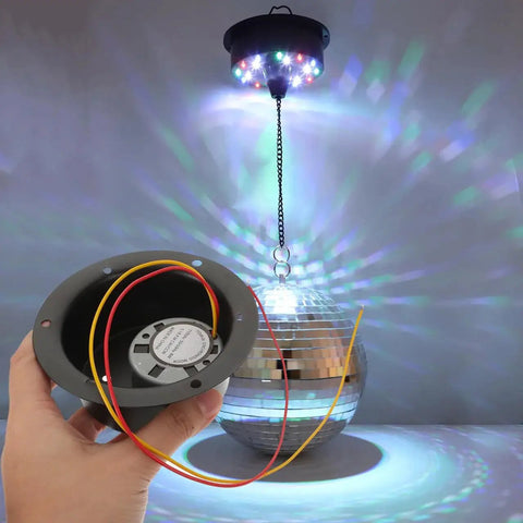 Heavy Duty Disco Ball Motor Rotator With Six Mounting Holes For Easy Secure Installation 110V Mirror Ball Motor displayed with disco light