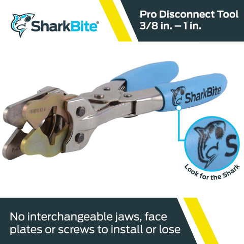 Pro Push To Connect Disconnect Tool For 3/8 Inch To 1 Inch Fittings On PEX Copper CPVC PE-RT HDPE Pipes shown with blue handles.