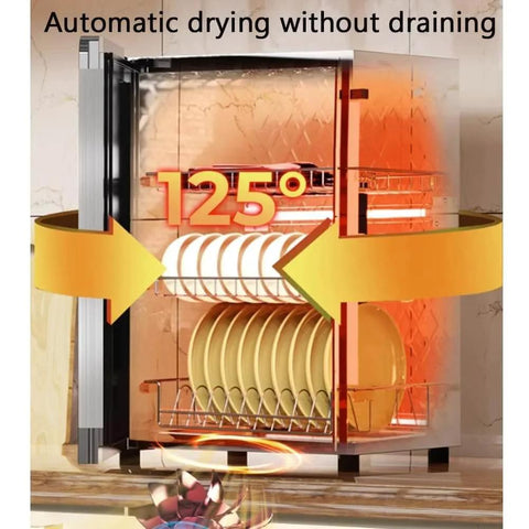 Large-Capacity Tableware Disinfection Cabinet with dishes inside at 125°C, automatic drying feature displayed