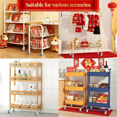 Collage of metal wire racks and shelving with high elasticity rubber caster wheels in various settings, showcasing versatility.