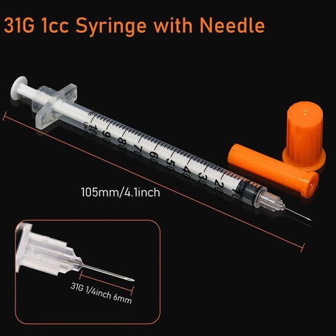 Disposable 1ml Syringe With Cap 31G One Quarter Inch 6mm Sterile Individually Packed Pack Of 20 with needle and orange cap