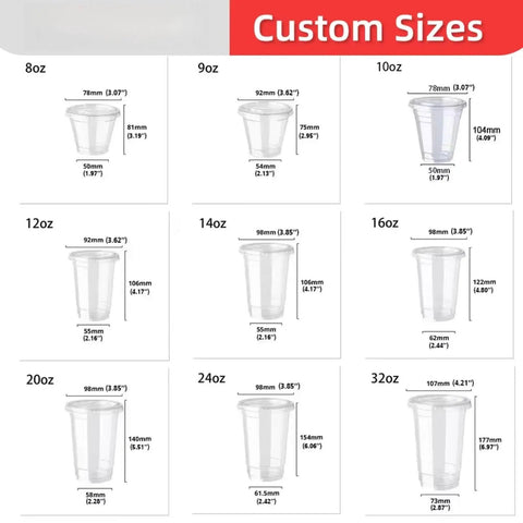 Custom sizes chart for cups produced by Automatic Disposable Cup Making Machine With PLC Controlled Thermoforming System.
