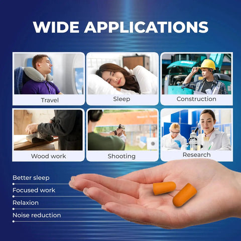 Hand holding disposable ear plugs pack of 200 pairs with 32 dB noise reduction for travel, sleep, work shown with various applications.