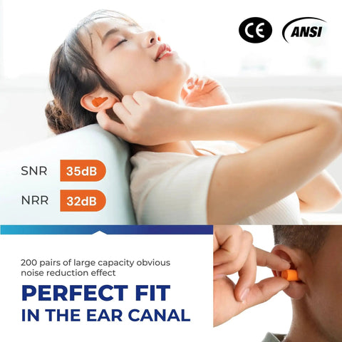 Woman inserting Disposable Ear Plugs Pack Of 200 Pairs With 32 dB Noise Reduction Soft Foam Comfort Hearing Protection