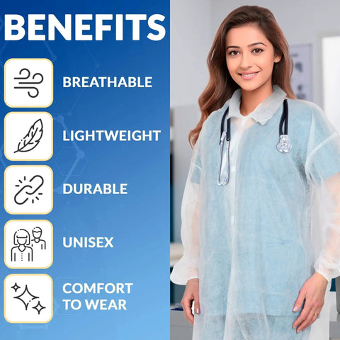 Person wearing a White Disposable Lab Coat For Adults, Medium, highlighted benefits, elastic wrists, hook loop closure, 40 GSM polypropylene.