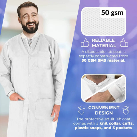 Disposable Lab Coats For Adults Medium Pack Of 10 White Knee Length With Knit Collar Cuffs Plastic Snaps And 3 Pockets 50 GSM SMS