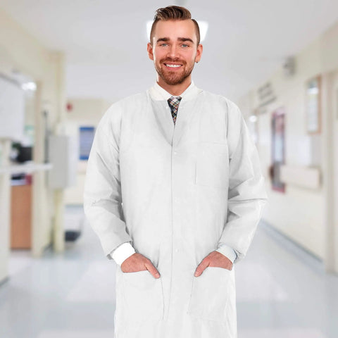 Man wearing Disposable Lab Coats For Adults Medium Pack Of 10 White Knee Length With Knit Collar Cuffs Plastic Snaps And 3 Pockets 50 GSM SMS PPE Medical Coat in a lab setting