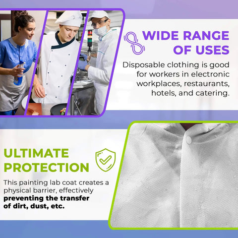 Disposable Lab Coats For Adults Medium Pack Of 10 White Knee Length With Knit Collar Cuffs 50 GSM SMS PPE for Workplace Protection