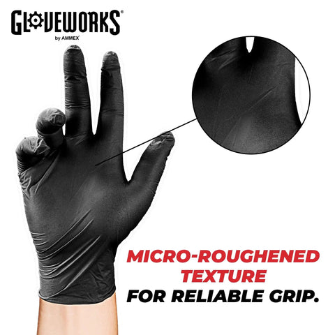 Hand wearing Disposable Nitrile Gloves 5 Mil Powder Free Textured Large Food Safe Box Of 100, showing micro-roughened texture.