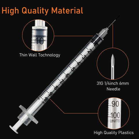 Disposable 1ml Syringe With Cap 31G One Quarter Inch 6mm Sterile Individually Packed Pack Of 20, showing needle and material features
