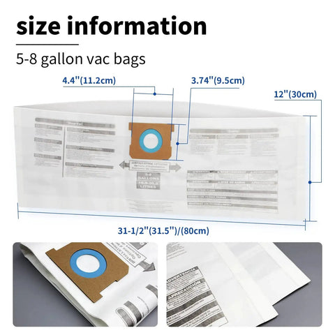 Shop Vacuum Bag Set For Five To Eight Gallon Vacuums Type E And Type H Compatible With VHBS VDBS shown with size dimensions