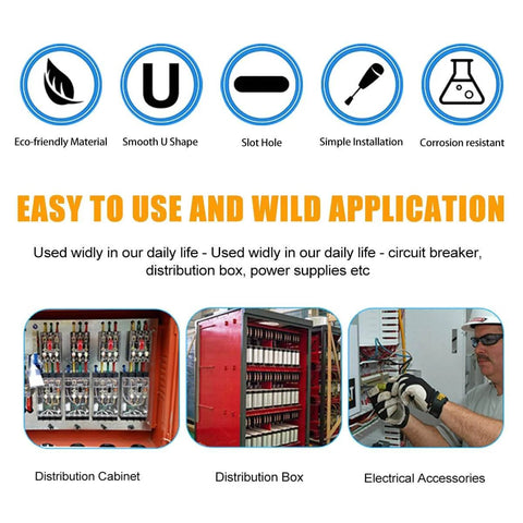 Infographic showing features of electrical accessories including eco-friendly material, easy installation, with images of cabinets and boxes.