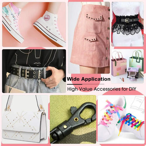 Collage showcasing uses for All In One Metal Grommets Kit With 600 Pieces In 12 Colors for DIY shoes, bags, belts, and crafts.