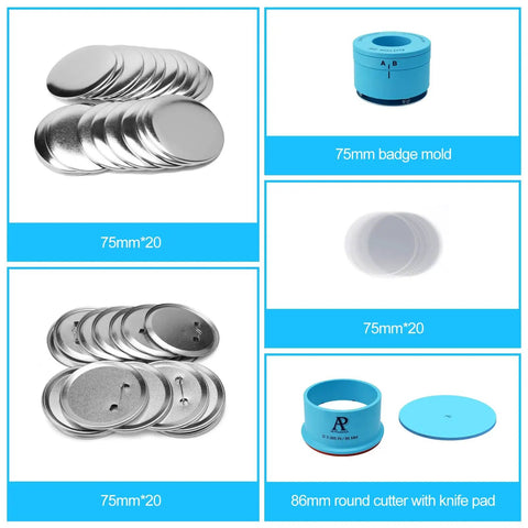 75mm 3 Inch Badge Maker Kit With 86mm Circle Cutter And Pad; includes mold and 20 tin badge supplies for DIY use, no press included.